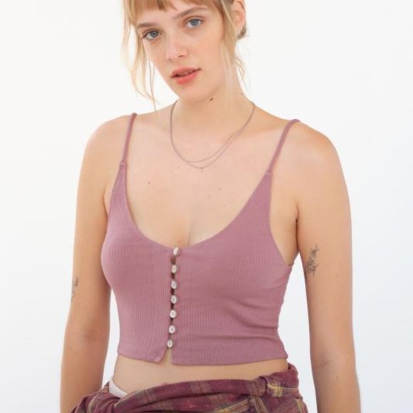 Urban Outfitters Pink Riley V-Neck Ribbed Button Front Cami Crop Top Stretch XS - Picture 6 of 8
